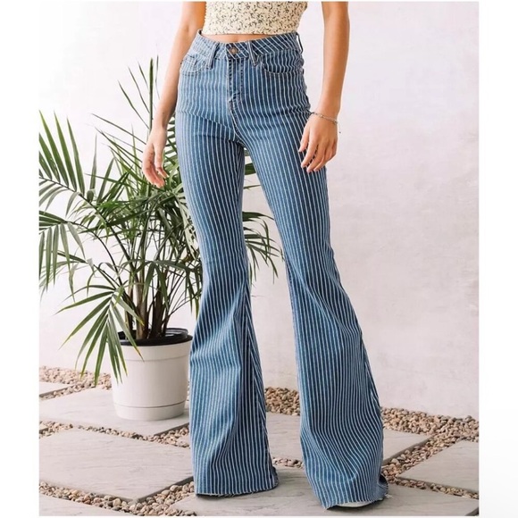 Judy Blue Super Flare Jeans Women’s 29 Stripe Pinstripe Raw Hem High Rise A - Picture 1 of 11